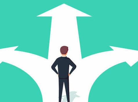 Journey decision concept vector illustration - figure with 3 direction arrows